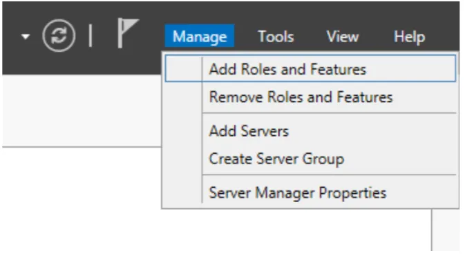Server Manager dashboard showing Add roles and features option in Manage menu