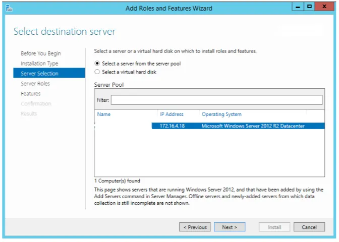 Add Roles and Features Wizard server selection page showing available domain servers