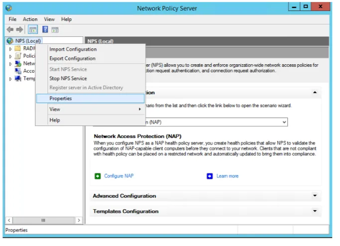 Network Policy Server Properties dialog showing authentication and accounting port configuration