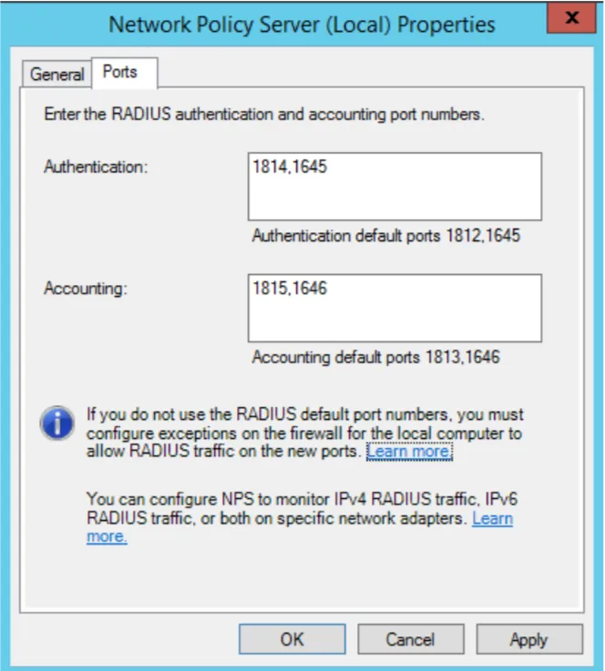 Network Policy Server ports configuration dialog with RADIUS authentication port field
