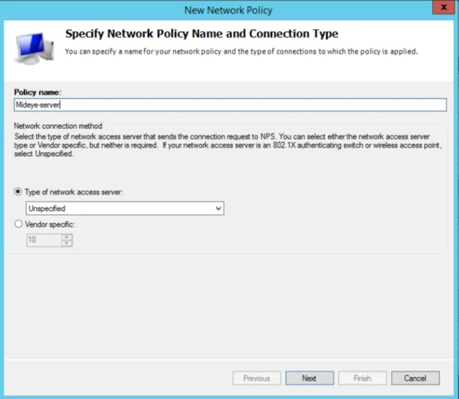 Network Policy Server new policy wizard - specify policy name screen