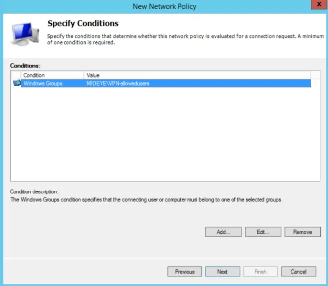Network Policy Server policy wizard - configure Windows group membership condition