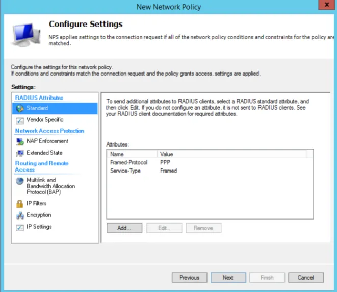 Network Policy Server policy wizard RADIUS attributes configuration page