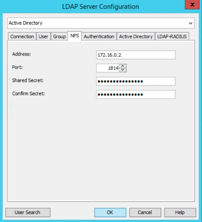 Mideye Configuration Tool NPS tab showing IP address, port, and shared secret configuration