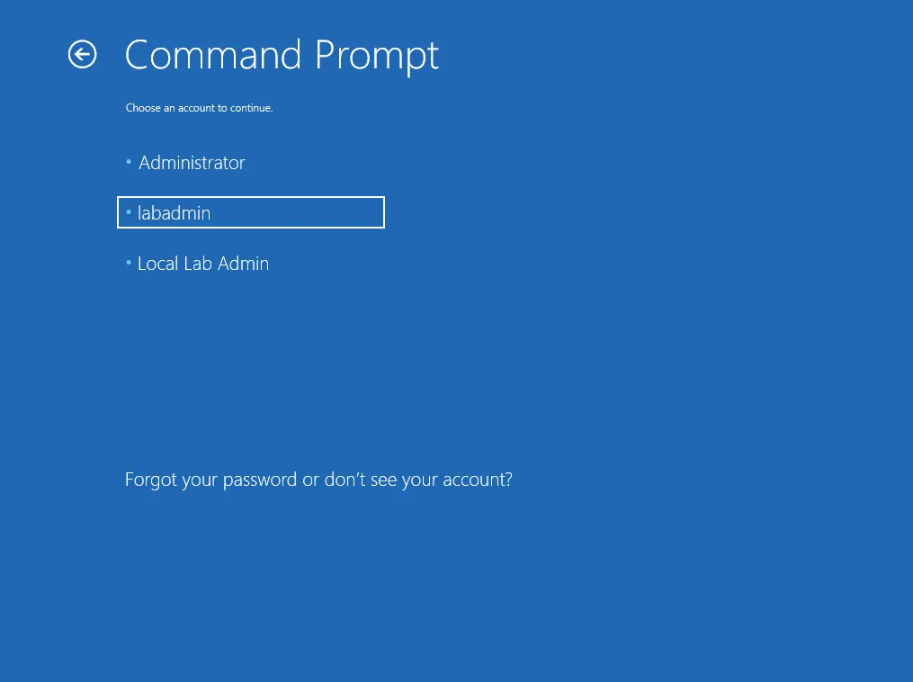 Windows recovery "Command Prompt" screen listing accounts to continue with: Administrator, labadmin (highlighted), and Local Lab Admin.