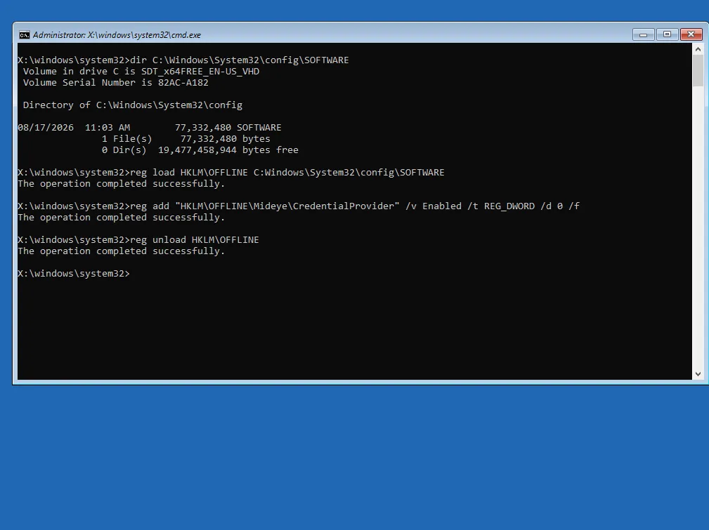 Recovery command prompt showing dir finding SOFTWARE on drive C, then reg load, reg add setting Enabled to 0, and reg unload, each reporting "The operation completed successfully".
