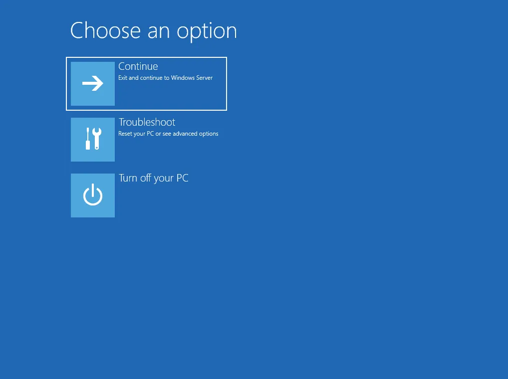 Windows recovery "Choose an option" screen with Continue - Exit and continue to Windows Server - highlighted.
