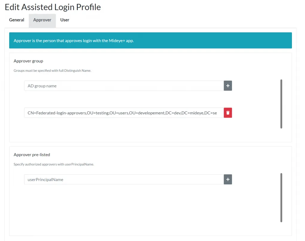 Mideye Server — configure approvers for assisted login
