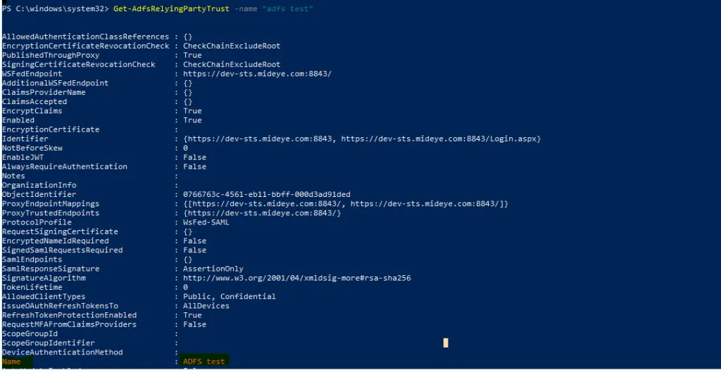 PowerShell — get relying party trust name