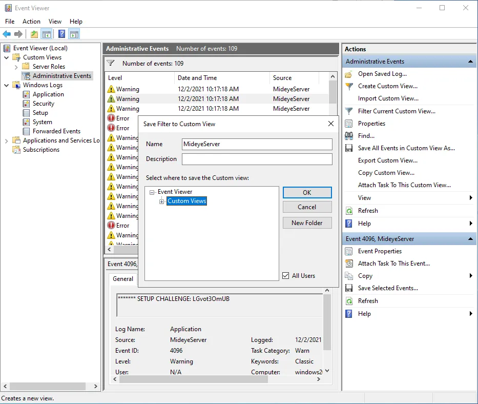 Windows Event Viewer save custom view dialog with name field