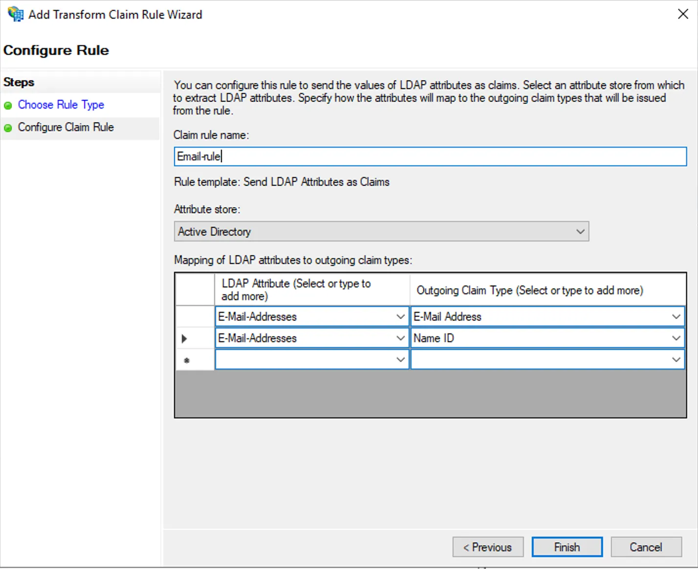 ADFS — Edit Claim Issuance Policy, LDAP attribute to email mapping