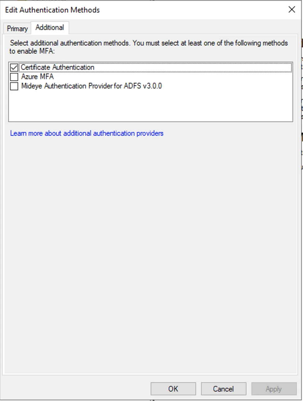 ADFS — uncheck Mideye module from authentication methods