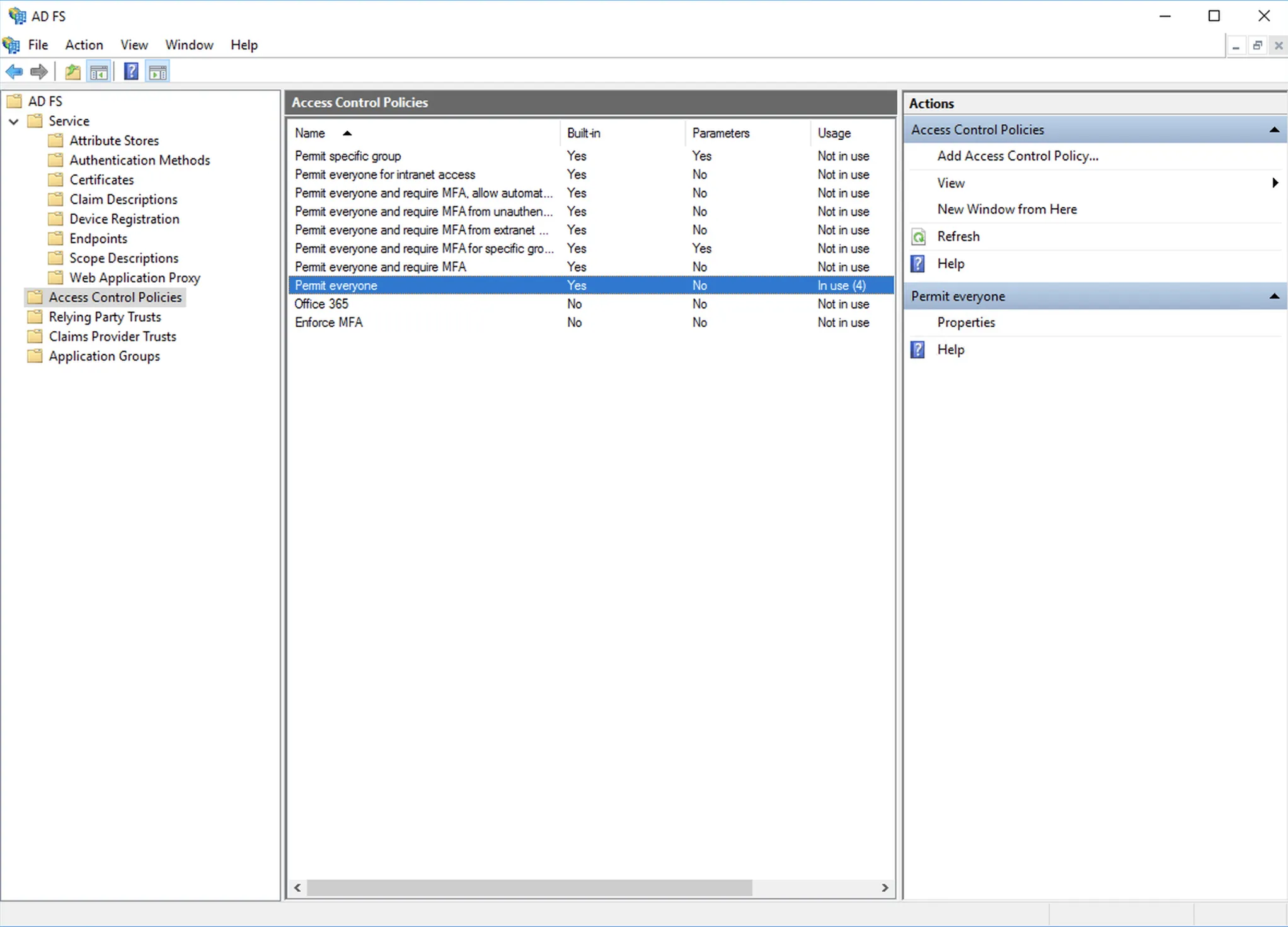 ADFS management console — Access Control Policies, remove MFA policies