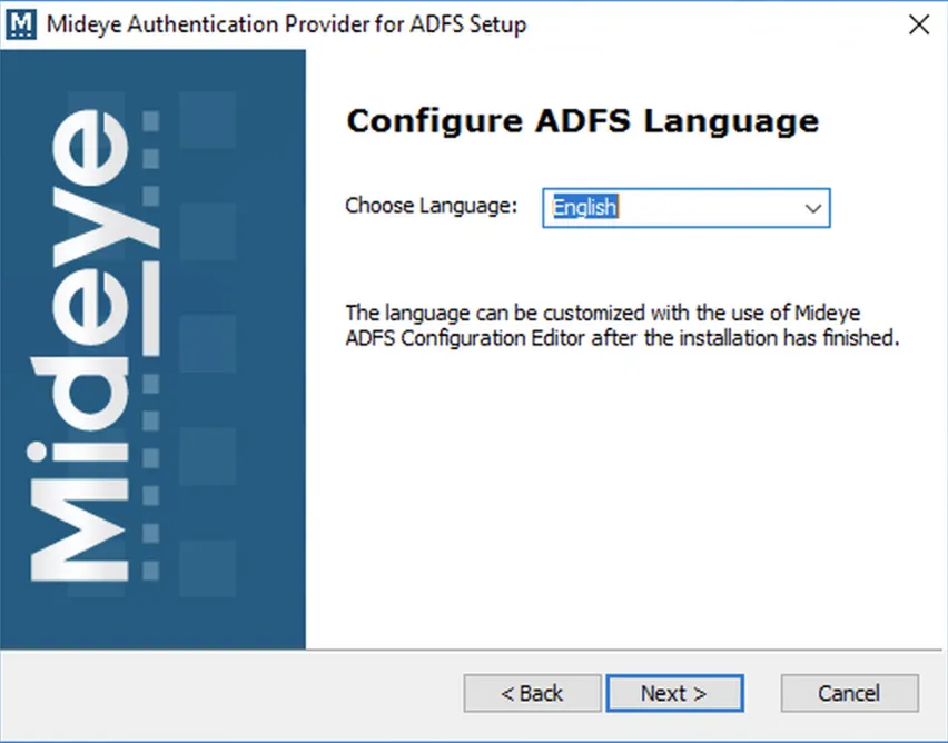 Mideye ADFS module — select language and finish installation