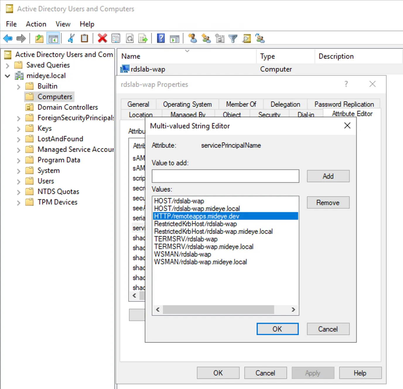 Active Directory — add HTTP SPN for external RD Gateway URL