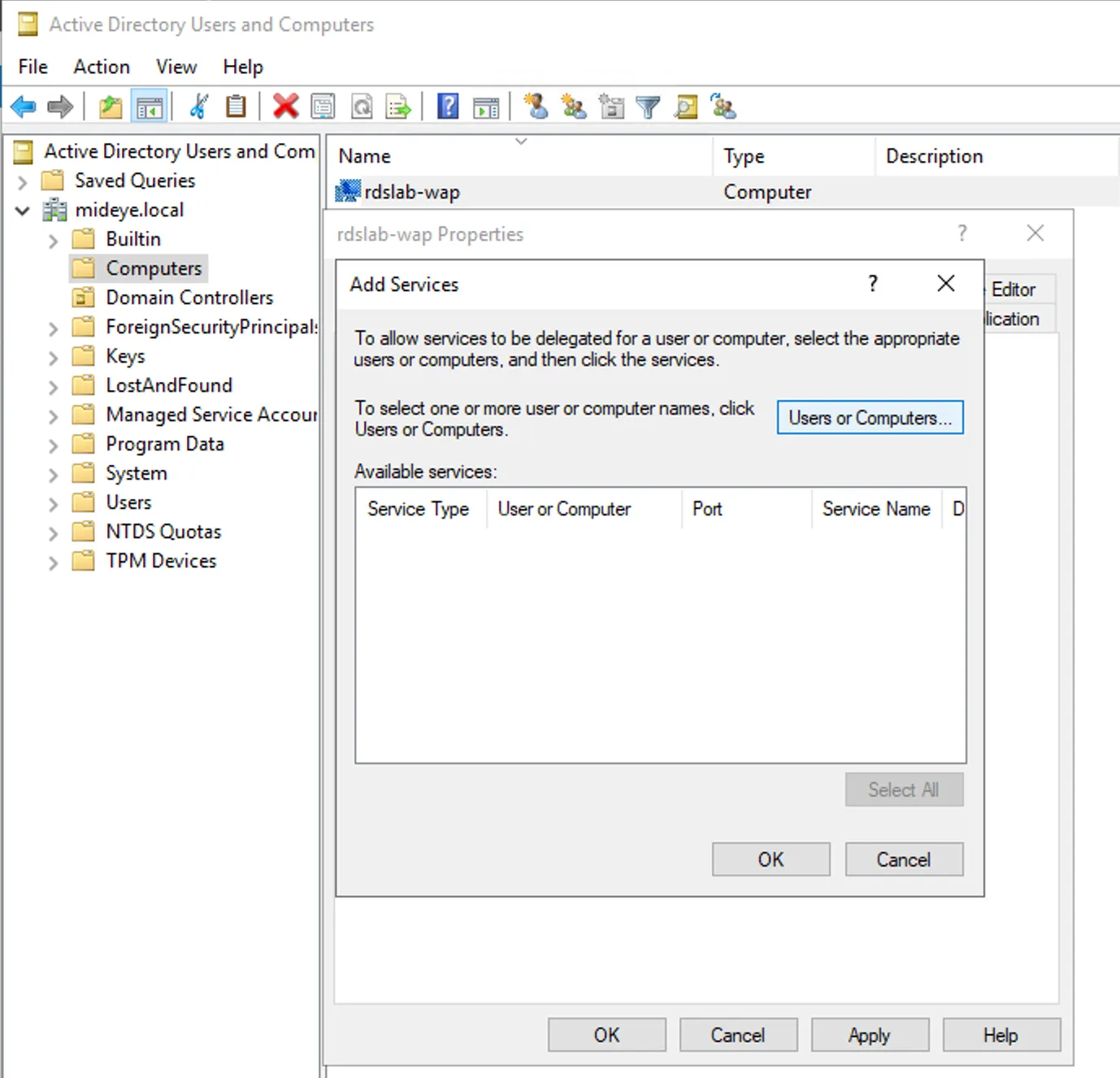 Active Directory — Add Services dialog