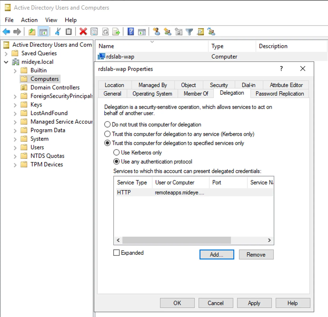 Active Directory — delegation added to WAP server