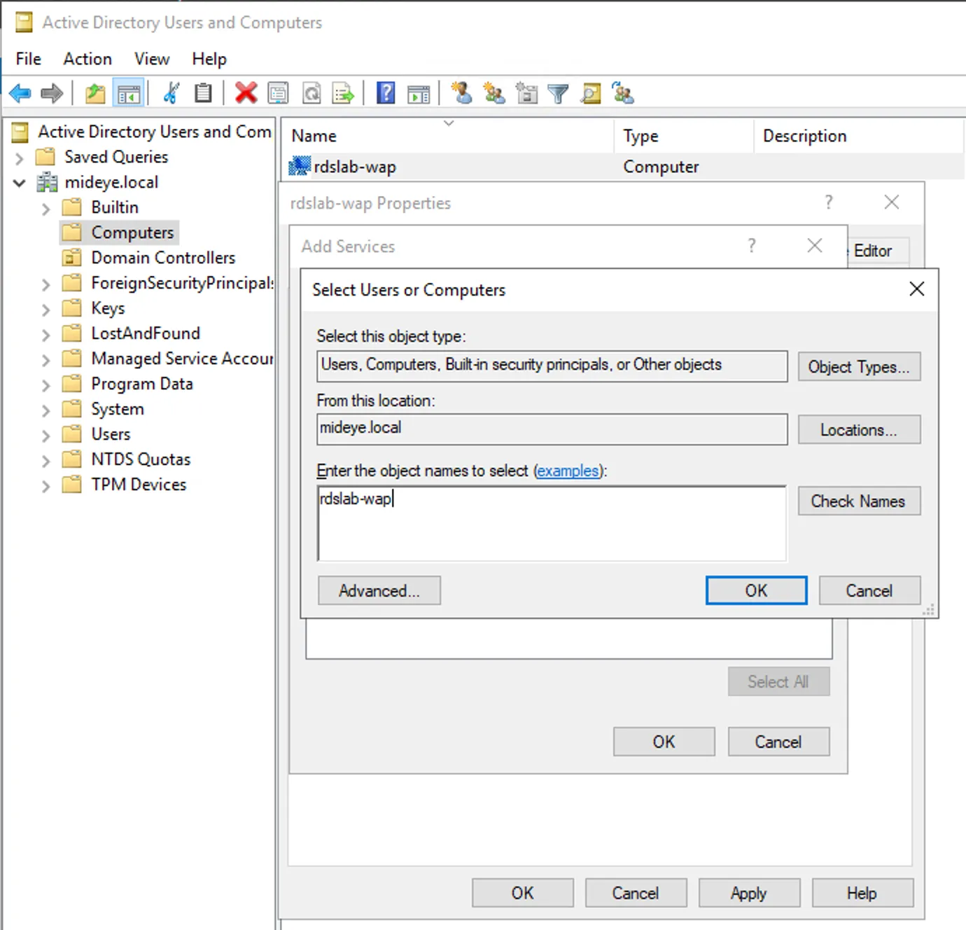 Active Directory — check-names for WAP computer