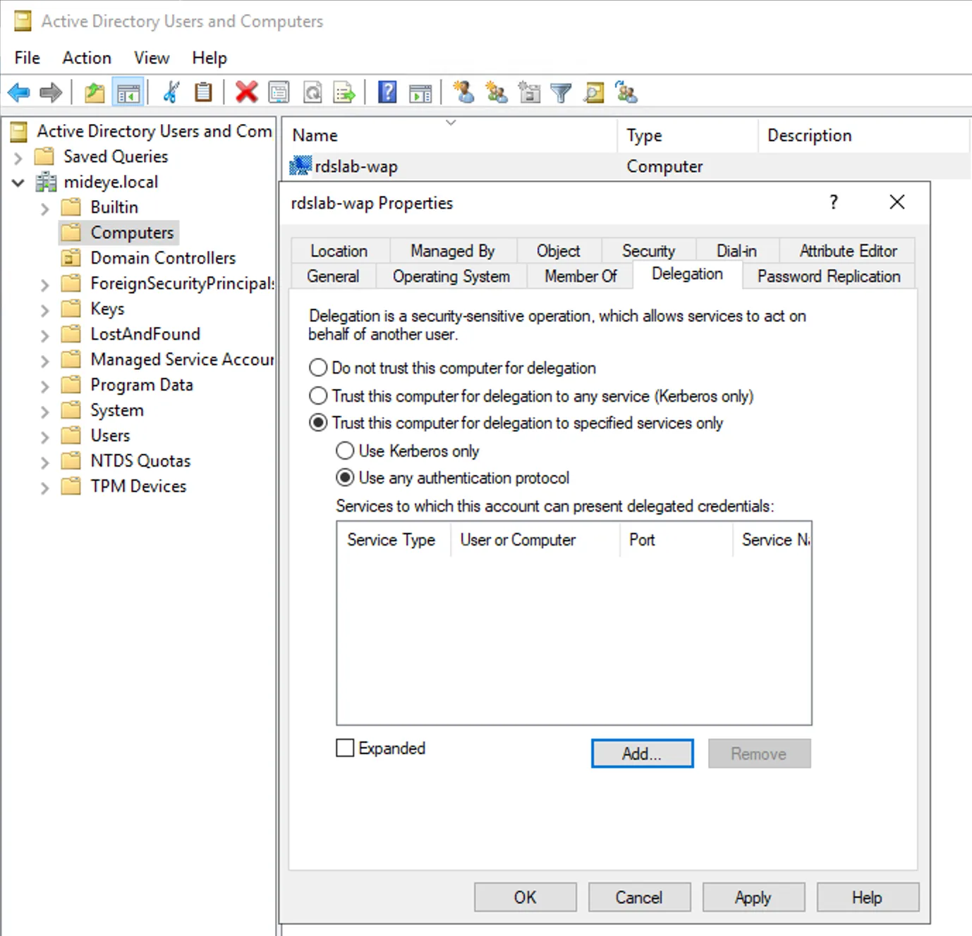 Active Directory — Delegation tab, trust for specified services