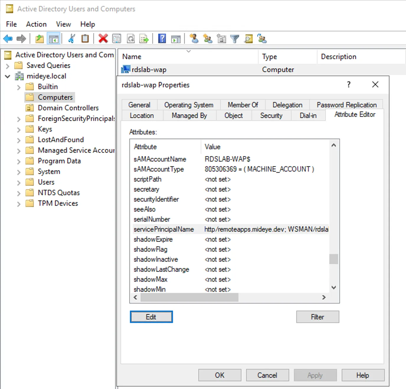 Active Directory — edit servicePrincipalName attribute