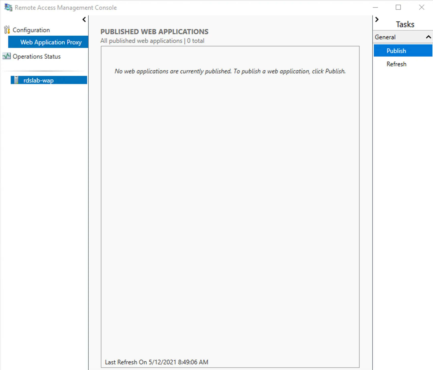 WAP — click Publish in Remote Access Management Console
