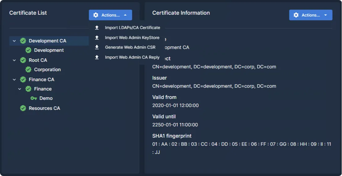 Actions menu showing Import LDAPS/CA Certificate, Import Web Admin KeyStore, Generate Web Admin CSR, and Import Web Admin CA Reply