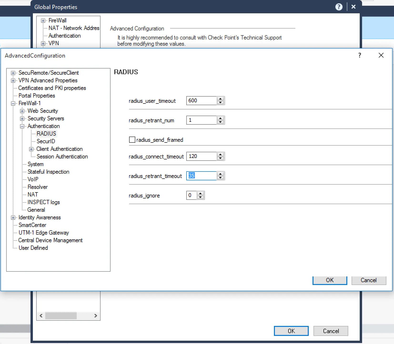 RADIUS timeout configuration in Global Properties