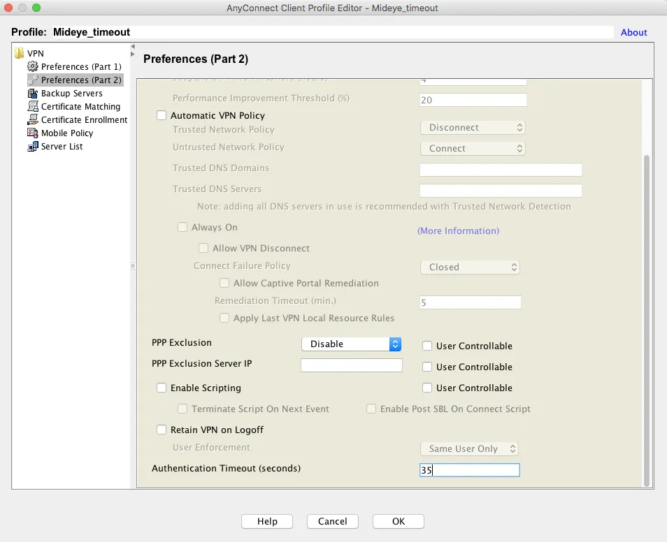 AnyConnect client profile authentication timeout set to 35 seconds