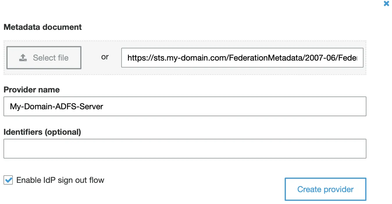 AWS Cognito — add SAML identity provider with ADFS metadata URL