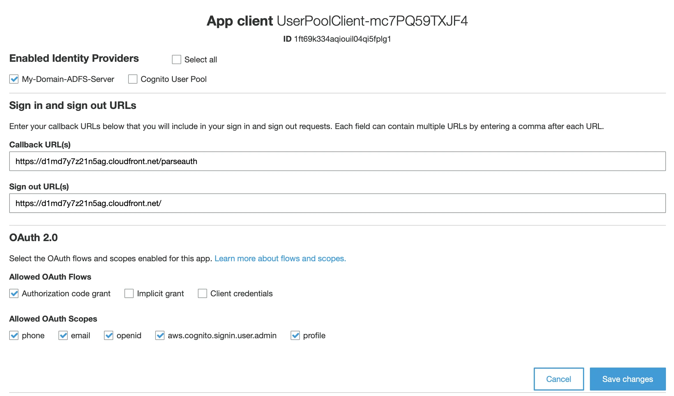 AWS Cognito — App client settings, select ADFS identity provider