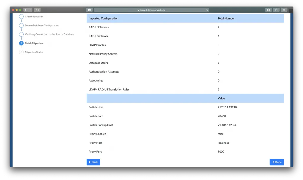 Mideye Server 5 Import Wizard summary showing LDAP profiles, RADIUS clients, and users to be migrated