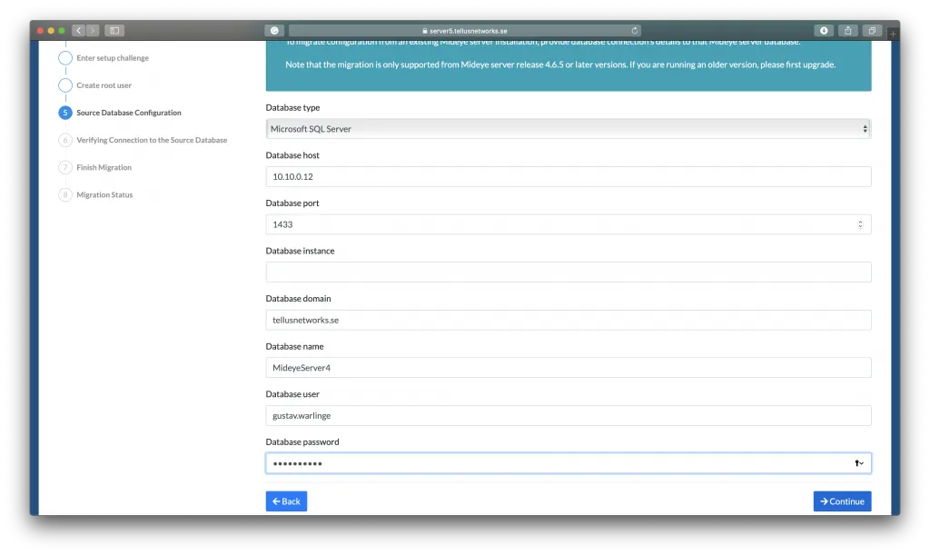 Mideye Server 5 Import Wizard database connection form with server, port, instance, and credential fields