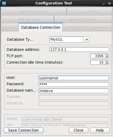 Mideye Configuration Tool database connection tab with fields for server type, address, credentials and database name