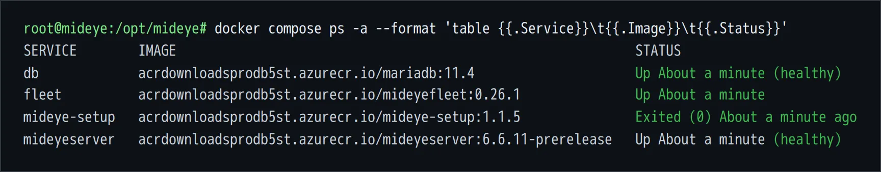 mideye-setup has exited with 0 and the other three services are up.