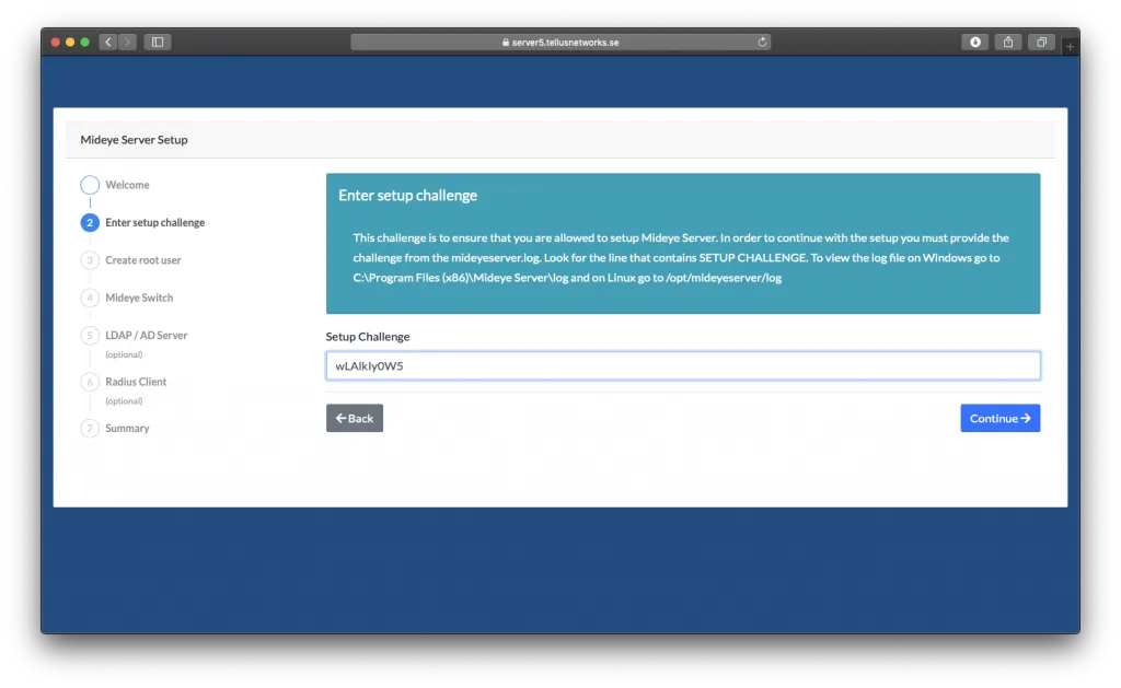 Mideye Server 5 setup wizard prompting for SETUP CHALLENGE code from log file