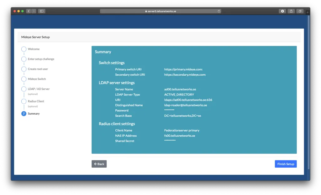 Mideye Server 5 setup wizard final review screen showing all configuration settings