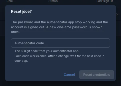 Fleet, Admins: the dialog Reset jdoe? with the warning and the field for your authenticator code.