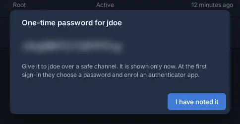 Fleet, Admins: the dialog One-time password for jdoe (password blurred here) and the button I have noted it.