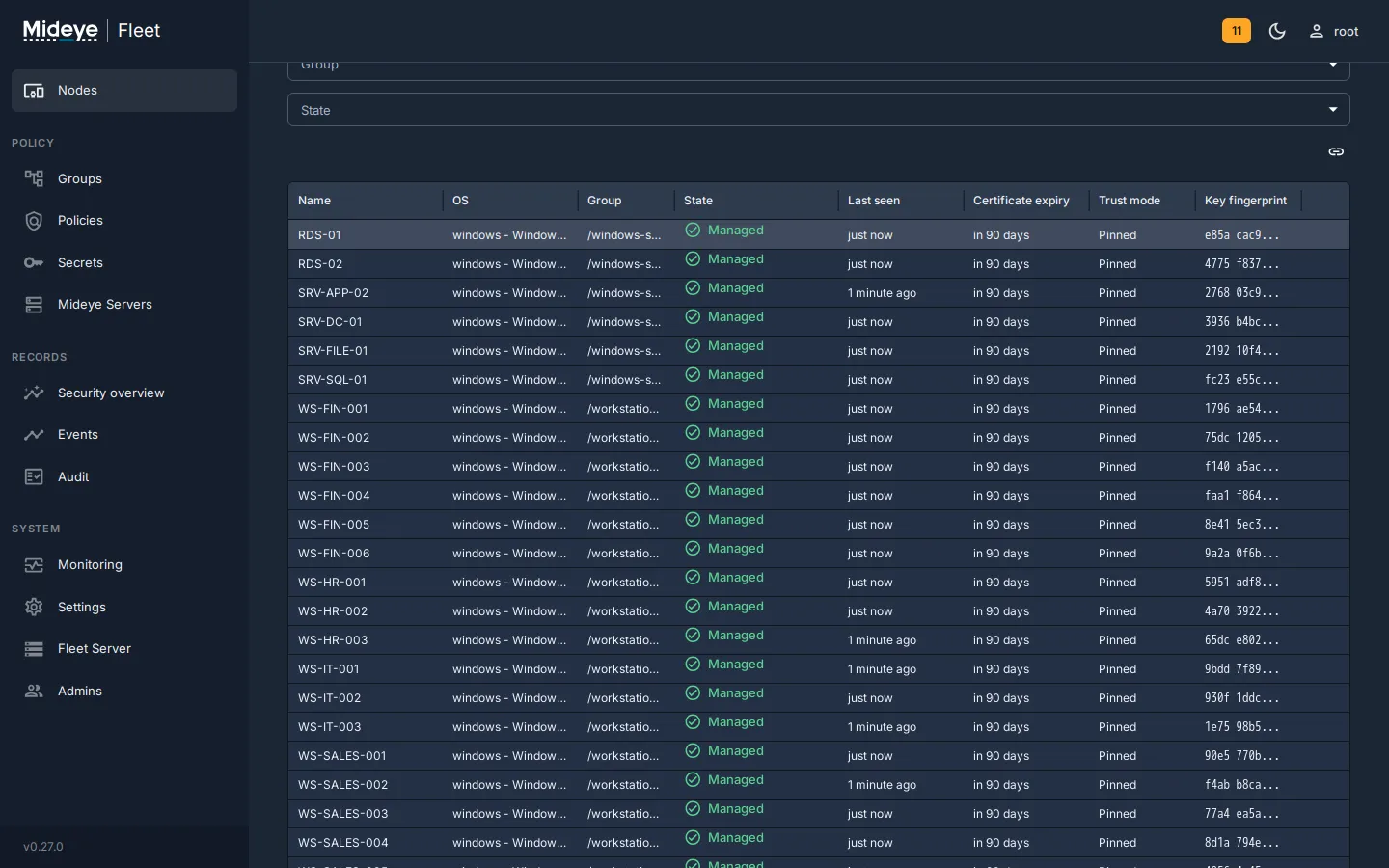 Mideye Fleet, the list of computers: name, operating system, group, state Managed, last seen, certificate expiry and trust mode.