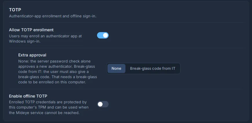 Fleet, Windows policy, authenticator app setup with Allow TOTP enrollment on.