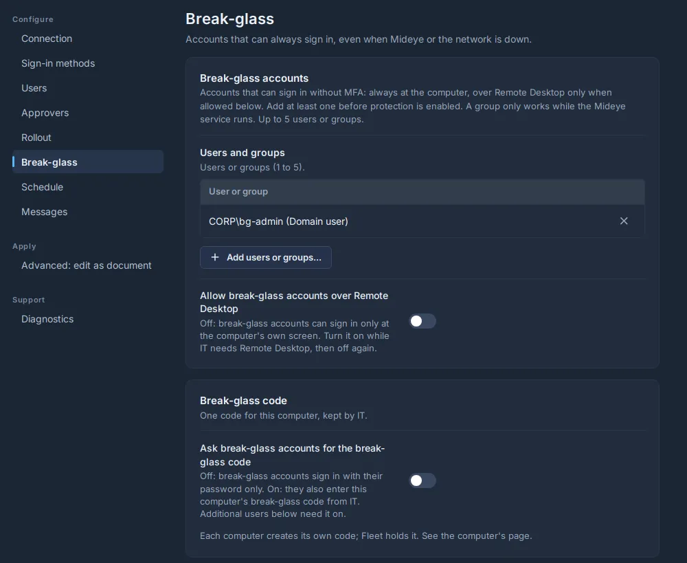 Fleet, Windows policy, Break-glass: one break-glass account, Remote Desktop off, and Ask break-glass accounts for the break-glass code off.