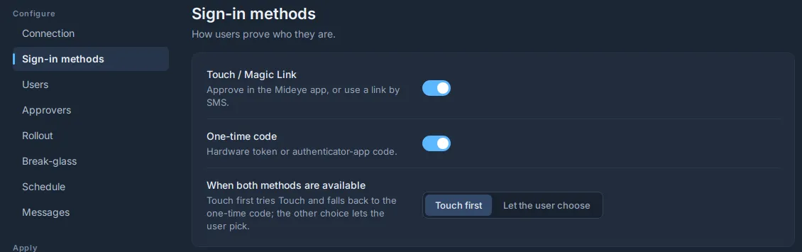 Fleet, Windows policy, Sign-in methods, with Touch first.