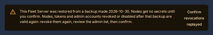 Fleet, Fleet Server: the restore hold notice and the button Confirm revocations replayed.