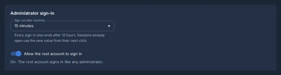 Fleet, Settings, Administrator sign-in: Sign out after inactivity at 15 minutes and Allow the root account to sign in on.