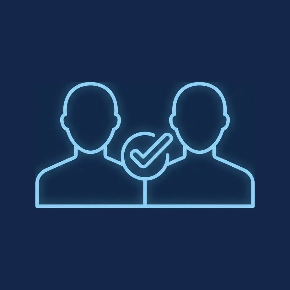 Line icon of two people sharing an approval checkmark