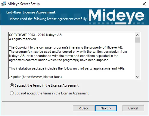 Mideye Server 5 license agreement acceptance screen