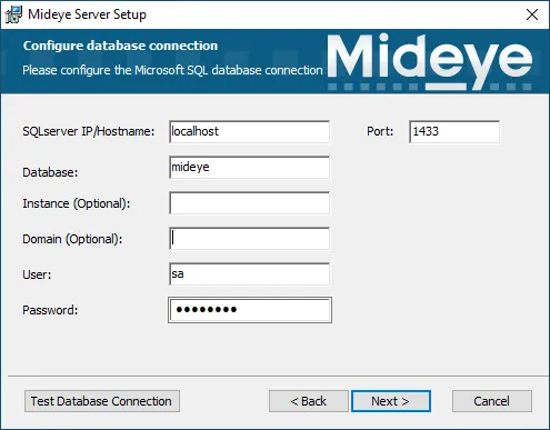 Mideye Server 5 installer SQL Server database connection configuration