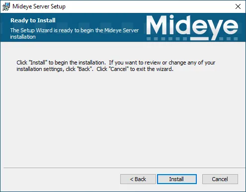 Mideye Server 5 installer ready to install confirmation screen