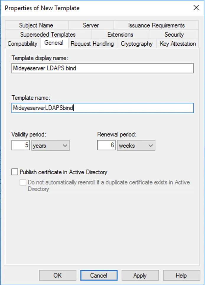 Certificate template General tab showing the validity period setting