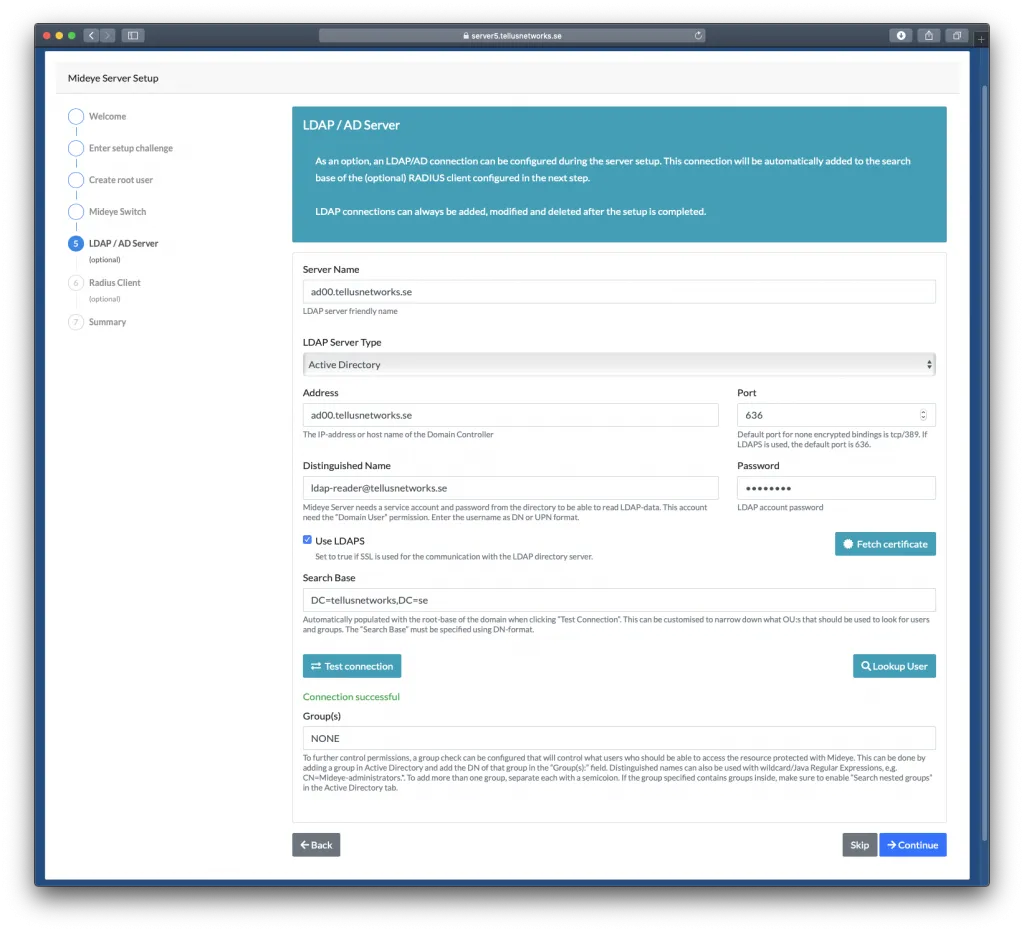 Mideye Server 5 LDAP configuration screen with server type, hostname, port, service account, and search base settings